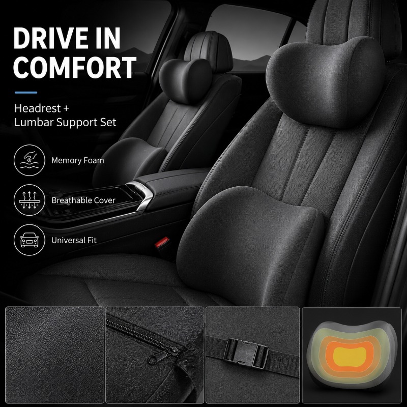 Memory Foam Car Neck Pillow Lumbar Support - Auto hoofdsteun nekkussen en lendensteun kussenset,